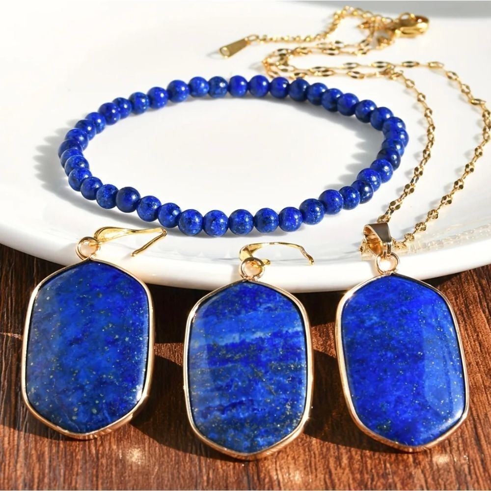 Lapis Lazuli Necklace Pendant Bracelet & Earrings Set